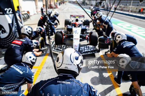 Scuderia AlphaTauri pit action during practice ahead of the F1 Grand Prix of Bahrain at Bahrain International Circuit on March 03, 2023 in Bahrain,...