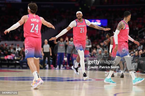 Daniel Gafford of the Washington Wizards celebrates against the Toronto Raptors during the first half at Capital One Arena on March 2, 2023 in...