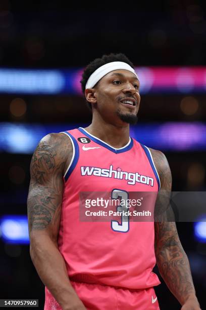 Bradley Beal of the Washington Wizards looks on against the Toronto Raptors during the second half at Capital One Arena on March 2, 2023 in...
