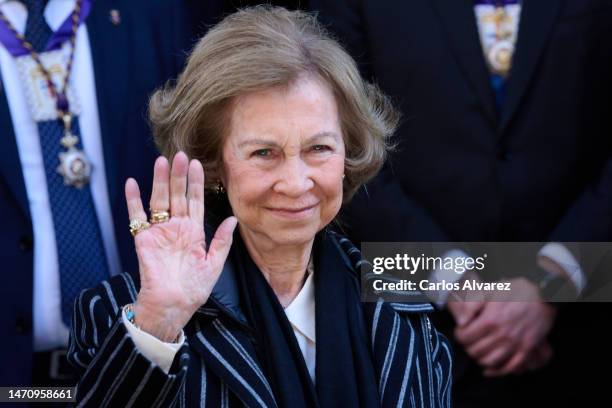 Queen Sofia attends the traditional thanksgiving to Medinaceli's Christ at the Jesus of Medinaceli Church on March 03, 2023 in Madrid, Spain.