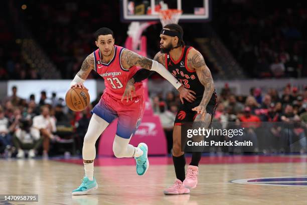 Kyle Kuzma of the Washington Wizards dribbles against the Toronto Raptors during the second half at Capital One Arena on March 2, 2023 in Washington,...