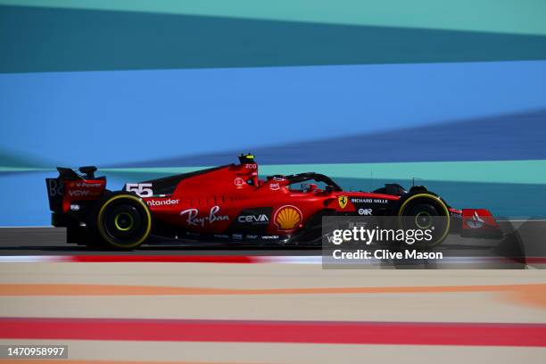 Carlos Sainz of Spain driving the Ferrari SF-23 on track during practice ahead of the F1 Grand Prix of Bahrain at Bahrain International Circuit on...