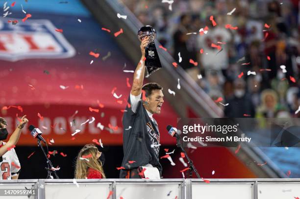 Tom Brady and his daughter Vivian celebrating during the award ceremony for Super Bowl LV at Raymond James Stadium on February 07, 2021 in Tampa,...
