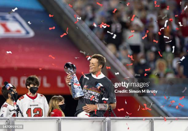 Tom Brady and his daughter Vivian celebrating during the award ceremony for Super Bowl LV at Raymond James Stadium on February 07, 2021 in Tampa,...