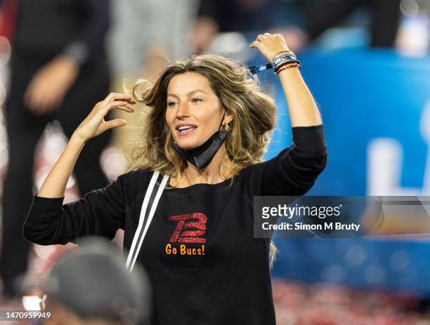 Gisele Bundchen wife of Tom Brady quarterback for the Tampa Bay Buccaneers after the finish of Super Bowl LV at Raymond James Stadium on February 07,...