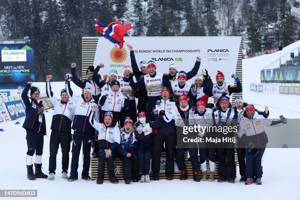 Gold medalists Hans Christer Holund of Team Norway, Paal Golberg of Team Norway, Simen Hegstad Krueger of Team Norway and Johannes Hoesflot Klaebo of...