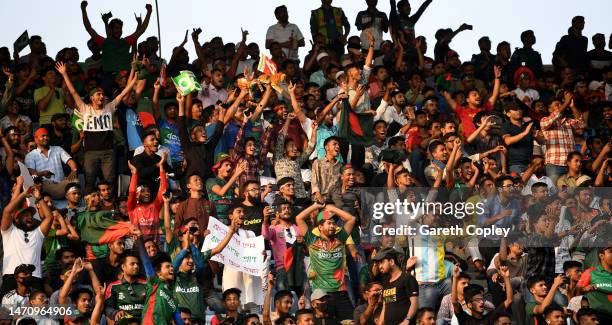 Bangladesh fans cheer during the 2nd One Day International between Bangladesh and England at Sher-e-Bangla National Cricket Stadium on March 03, 2023...