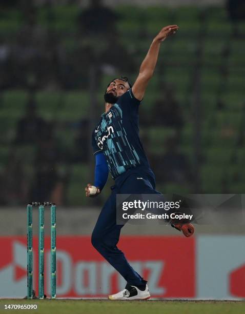 Saqib Mahmood of England bowls during the 2nd One Day International between Bangladesh and England at Sher-e-Bangla National Cricket Stadium on March...