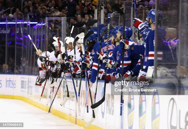 The New York Rangers and the Ottawa Senators salute Derick Brassard for playing in his 1000th NHL game at Madison Square Garden on March 02, 2023 in...