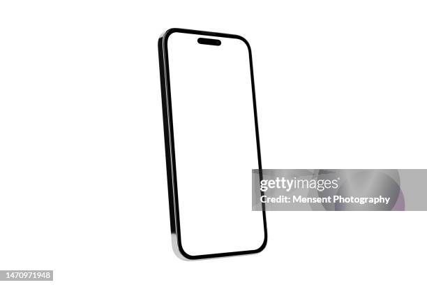 isolated smartphone iphone mockup with white screen in three-quarters black frameless on white background - telefonhörer freisteller stock-fotos und bilder