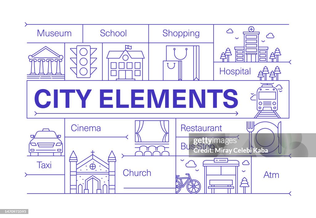 City Elements Line Icon Set and Banner Design