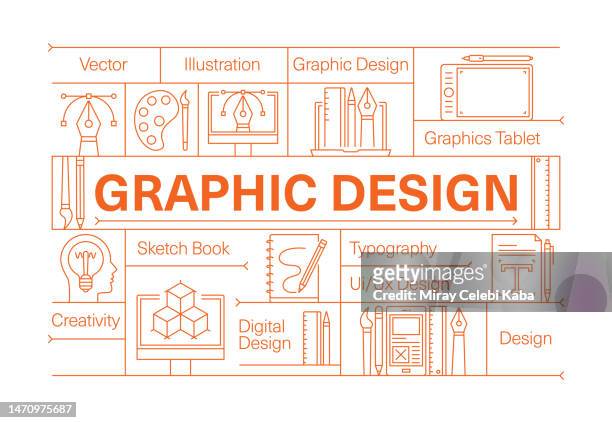 ilustrações, clipart, desenhos animados e ícones de conjunto de ícones de linha de design gráfico e design de banner - desenhista gráfica