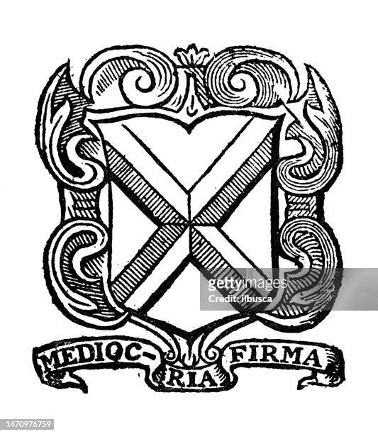 illustrazioni stock, clip art, cartoni animati e icone di tendenza di targa antica: st albans grammar school - coat of arms