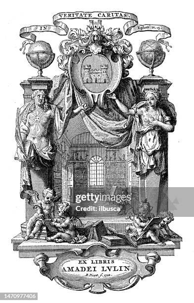 antique bookplate: amadei lulin - bookplate stock illustrations