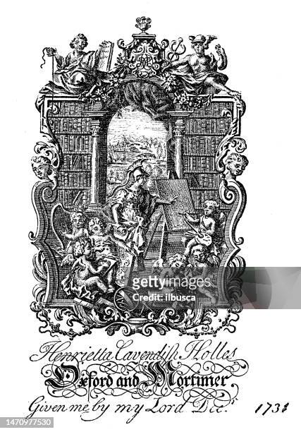 antique bookplate: oxford and mortimer - oxford england stock illustrations