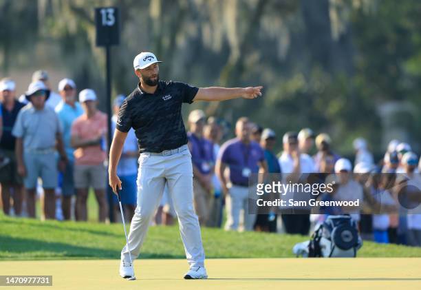 Jon Rahm of Spain reacts on the 13th green during the second round of the Arnold Palmer Invitational presented by Mastercard at Arnold Palmer Bay...