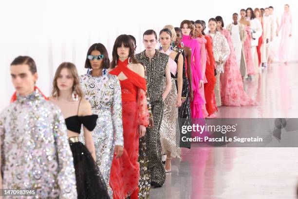 Models walk the runway during the Giambattista Valli Womenswear Fall Winter 2023-2024 show as part of Paris Fashion Week on March 03, 2023 in Paris,...