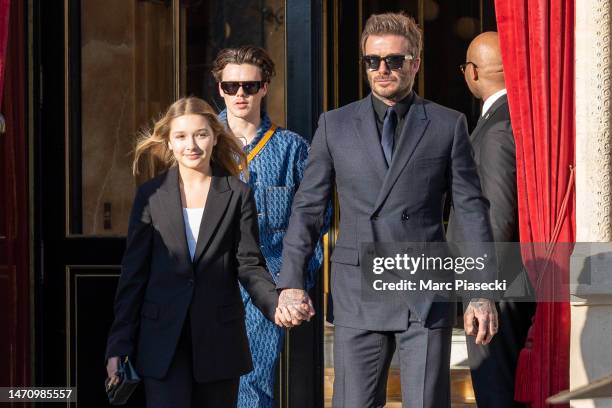 Cruz Beckham, Harper Beckham and David Beckham are seen on March 03, 2023 in Paris, France.