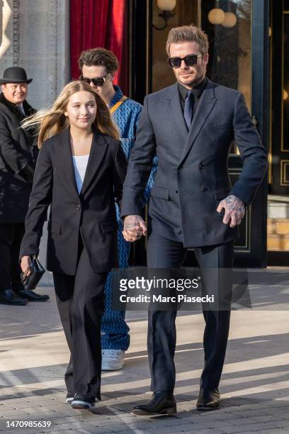 Cruz Beckham, Harper Beckham and David Beckham are seen on March 03, 2023 in Paris, France.