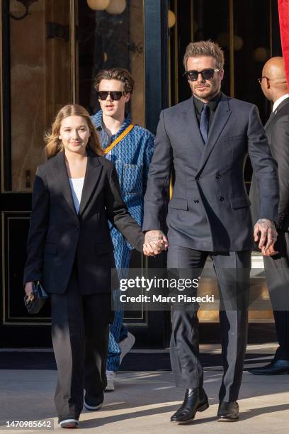 Cruz Beckham, Harper Beckham and David Beckham are seen on March 03, 2023 in Paris, France.