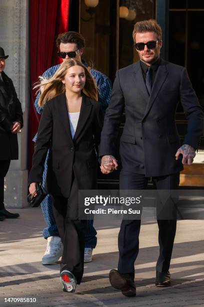 Harper Beckham,David Beckham,Cruz Beckham are seen leaving their hotel on March 03, 2023 in Paris, France.