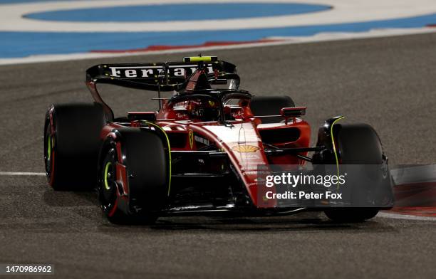 Carlos Sainz of Spain driving the Ferrari SF-23 on track during practice ahead of the F1 Grand Prix of Bahrain at Bahrain International Circuit on...