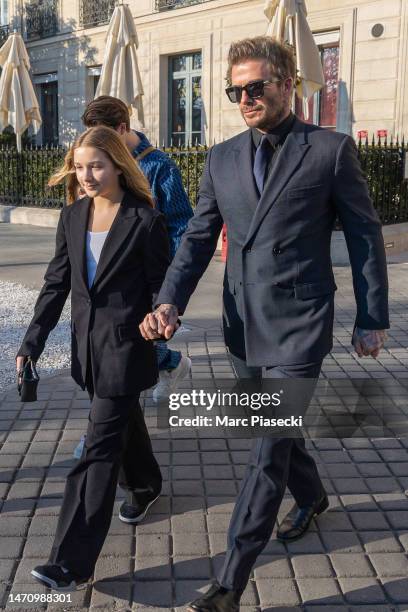 Harper Beckham, Cruz Beckham and David Beckham are seen on March 03, 2023 in Paris, France.