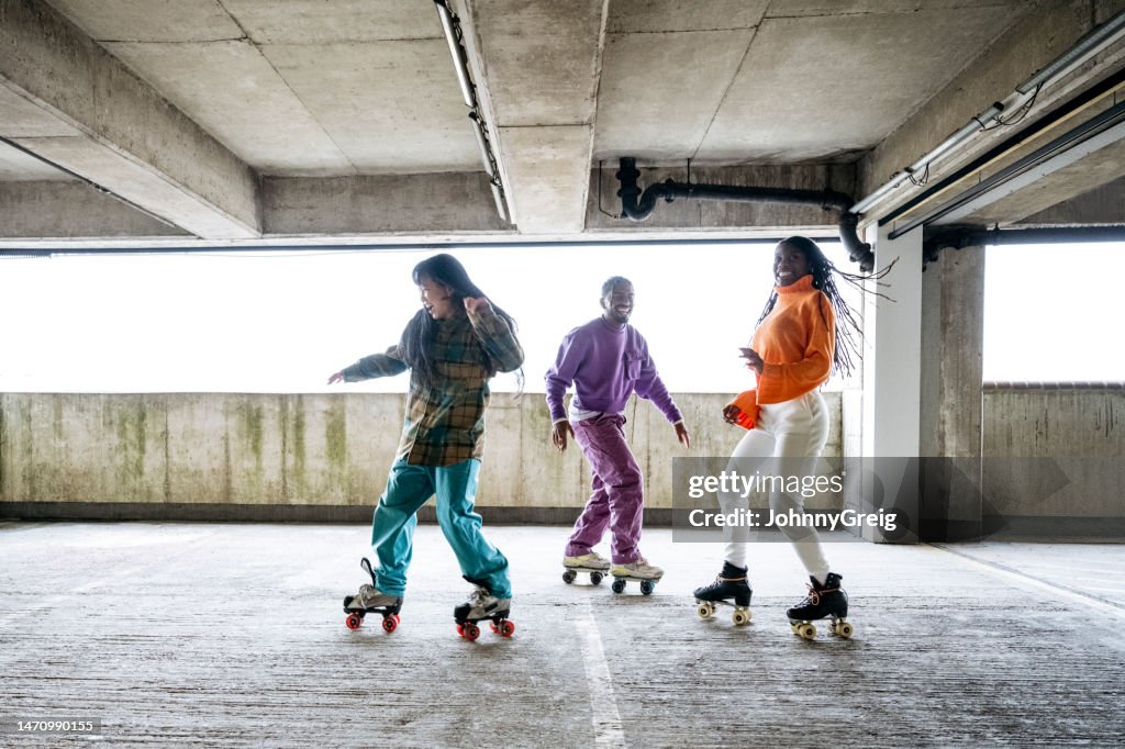 Professional roller skaters showing their moves in practice