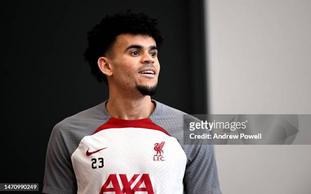 Luis Diaz of Liverpool during a training session at AXA Training Centre on March 03, 2023 in Kirkby, England.