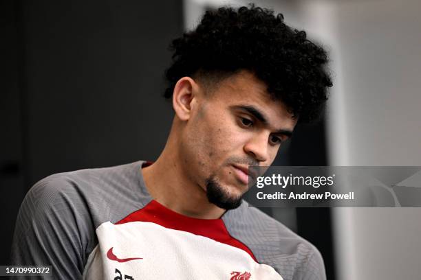 Luis Diaz of Liverpool during a training session at AXA Training Centre on March 03, 2023 in Kirkby, England.