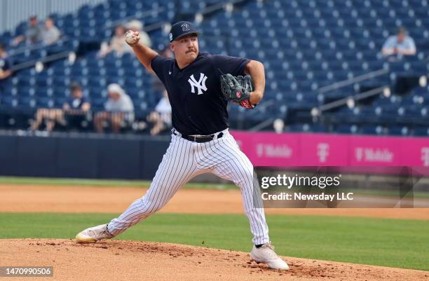 New York Yankees Greg Weissert throws live batting practice during spring training workout at George M. Steinbrenner Field in Tampa, Florida, on...