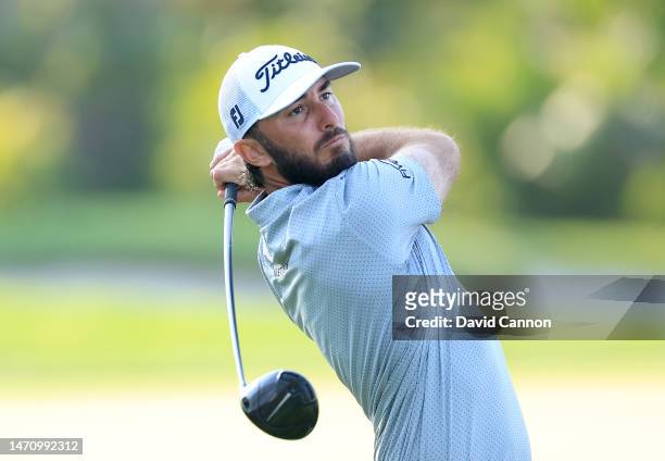 Max Homa of The United States plays his tee shot on the 12th hole during the second round of the Arnold Palmer Invitational presented by Mastercard...