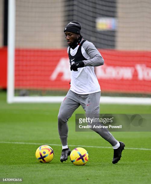Naby Keita of Liverpool during a training session at AXA Training Centre on March 03, 2023 in Kirkby, England.