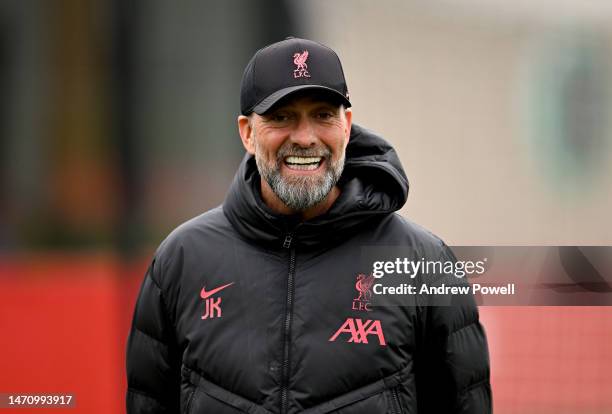 Jurgen Klopp manager of Liverpool during a training session at AXA Training Centre on March 03, 2023 in Kirkby, England.