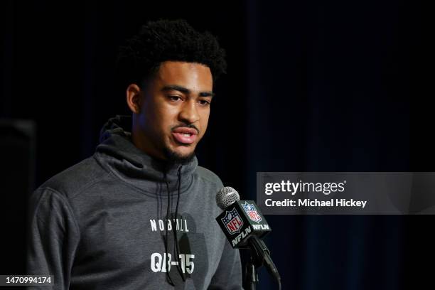 Quarterback Bryce Young of Alabama speaks to the media during the NFL Combine at Lucas Oil Stadium on March 03, 2023 in Indianapolis, Indiana.