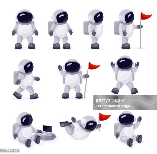 astronaut character set. cartoon spaceman. cosmonaut. - child in space suit stock illustrations