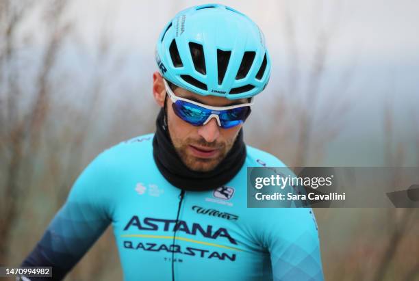 Antonio Nibali of Italy and Astana-Qazaqstan team looks on during Strade Bianche 2023 race route recon on March 03, 2023 in Siena, Italy.