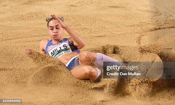 Holly Mills of Great Britain competes during the Women's Pentathlon Long Jump during Day 1 of the European Athletics Indoor Championships at the...