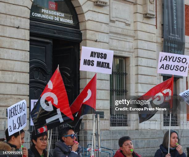 Workers of the Summa 112 emergency call center, which answers 061, protest during a march from Puerta Del Sol to the Consejeria de Sanidad, on March...