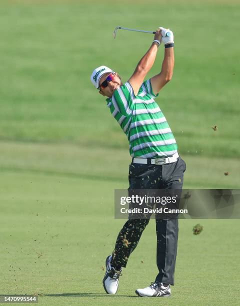 Hideki Matsuyama of Japan plays his second shot on the 16th hole during the second round of the Arnold Palmer Invitational presented by Mastercard at...