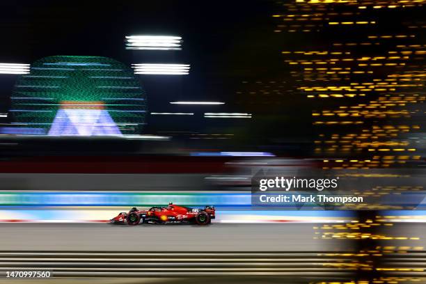 Carlos Sainz of Spain driving the Ferrari SF-23 on track during practice ahead of the F1 Grand Prix of Bahrain at Bahrain International Circuit on...