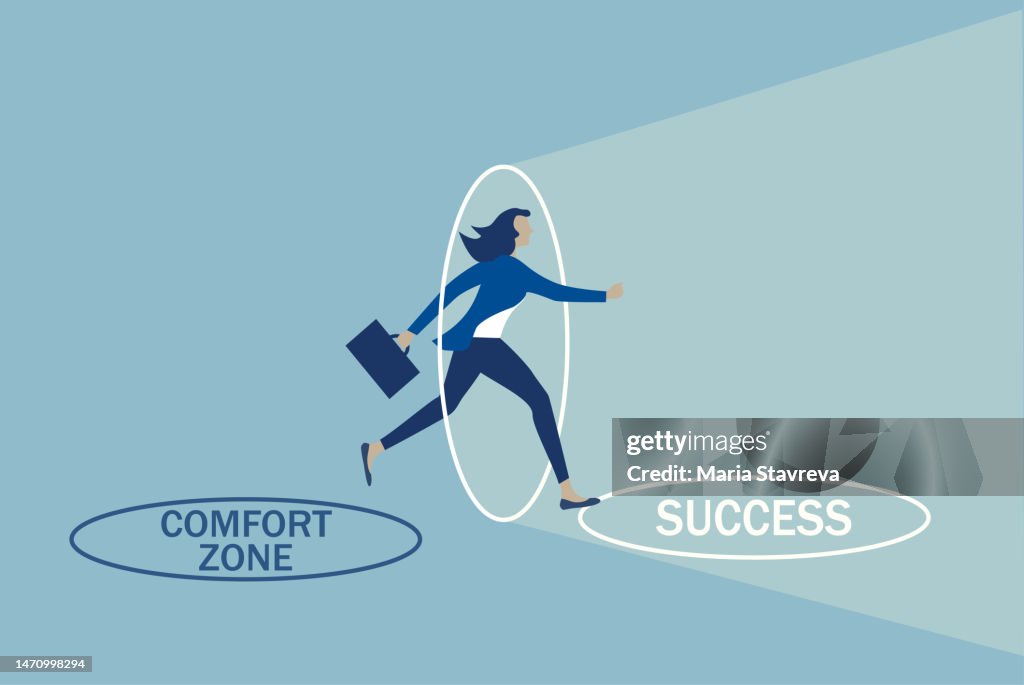 Geschäftsfrau geht außerhalb der Komfortzone für den Erfolg.