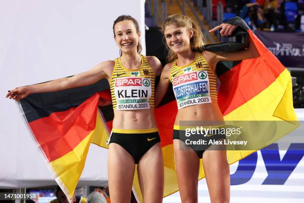 Gold Medallist Hanna Klein of Germany and Silver Medallist Konstanze Klosterhalfen of Germany pose following the Women's 3000m Final during Day 1 of...