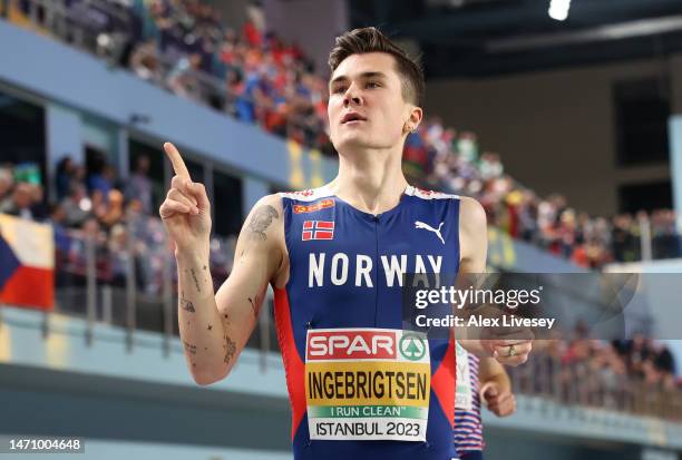 Jakob Ingebrigtsen of Norway celebrates after winning the Men's 1500m Final during Day 1 of the European Athletics Indoor Championships at the Atakoy...