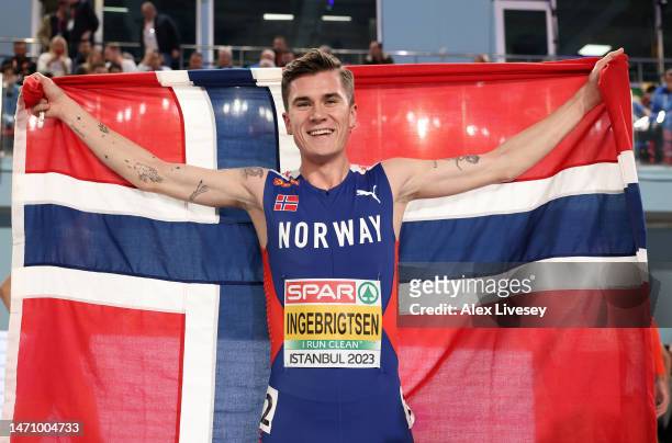 Jakob Ingebrigtsen of Norway celebrates after winning the Men's 1500m Final during Day 1 of the European Athletics Indoor Championships at the Atakoy...