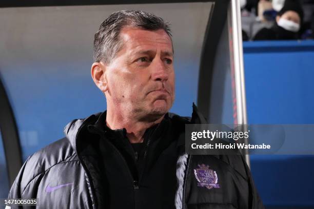 Michael Skibbe,coach of Sanfrecce Hiroshima looks on prior to the J.LEAGUE Meiji Yasuda J1 3rd Sec. Match between Yokohama F･Marinos and Sanfrecce...