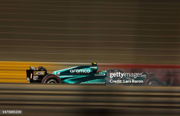 Fernando Alonso of Spain driving the Aston Martin AMR23 Mercedes on track during practice ahead of the F1 Grand Prix of Bahrain at Bahrain...