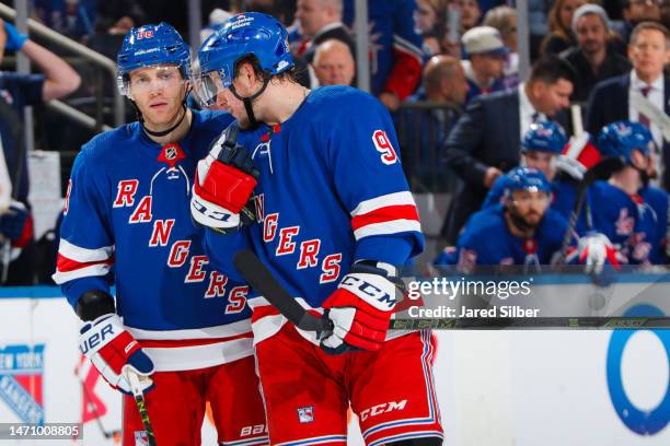 Patrick Kane and Vladimir Tarasenko of the New York Rangers talk during a break in the action against the Ottawa Senators at Madison Square Garden on...