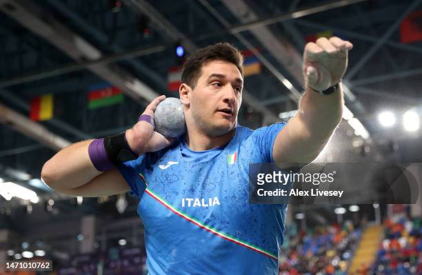 Leonardo Fabbri of Italy competes during the Men's Shot Put Final during Day 1 of the European Athletics Indoor Championships at the Atakoy Arena on...
