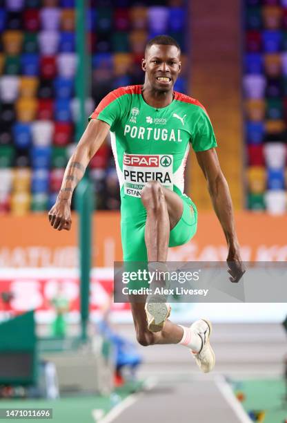 Pedro Pichardo of Portugal competes during the Men's Triple Jump Final during Day 1 of the European Athletics Indoor Championships at the Atakoy...